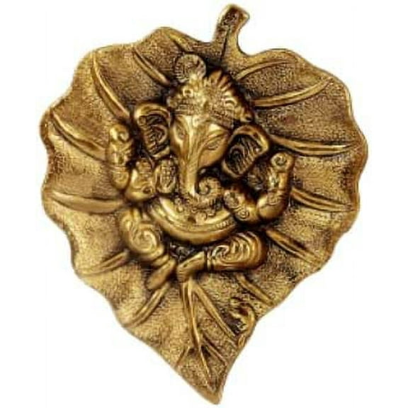 Aluminum Elegant Gold Lord Ganesha on Gold Leaf Wall Hanging Showpiece (Approx. 14.6 x 0.5 x 19.1 Cm), Decorative Statue
