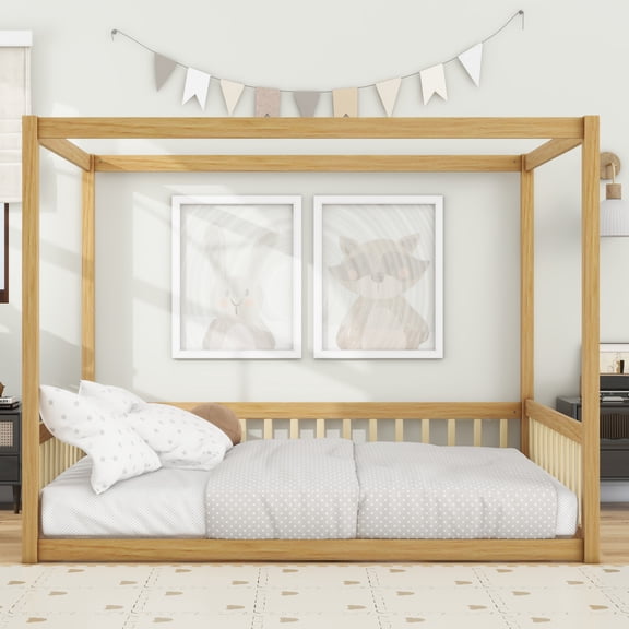 Youmumeub Full Size Canopy Floor Bed Frame, Natural Wood Montessori Bed with Guardrails & Fence, Low Profile House Bed for Kids Bedroom, No Box Spring Needed