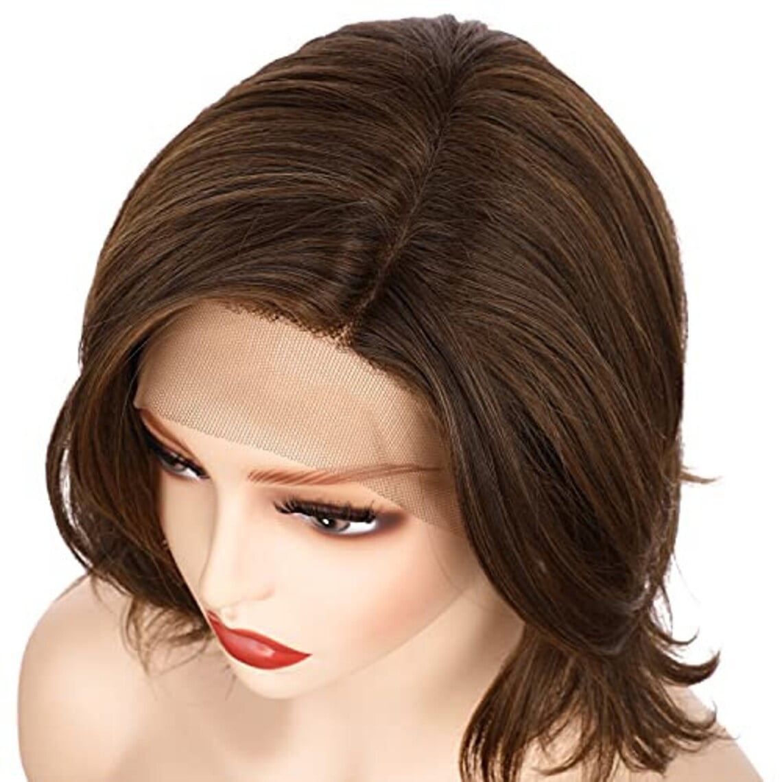 Onedor 10 Inch Side Part Lace Front Short Wavy Hair Bob Wigs for Women (Medium Brown Evenly Blended with Warm Medium Brown)