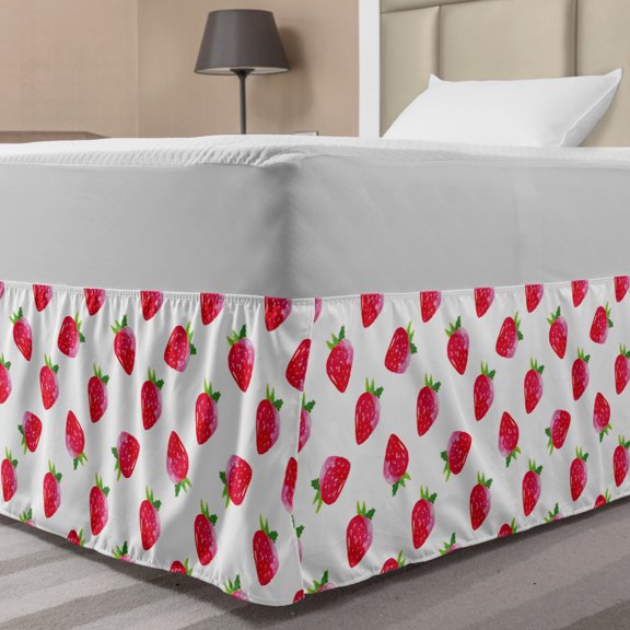 Strawberry Bed Skirt, Hand-Painted Juicy Tasty Fruits Organic Harvest Fresh Organic Food, Elastic Bedskirt Dust Ruffle Wrap Around for Bedding Decor, 4 Sizes, Dark Coral and White, by Ambesonne