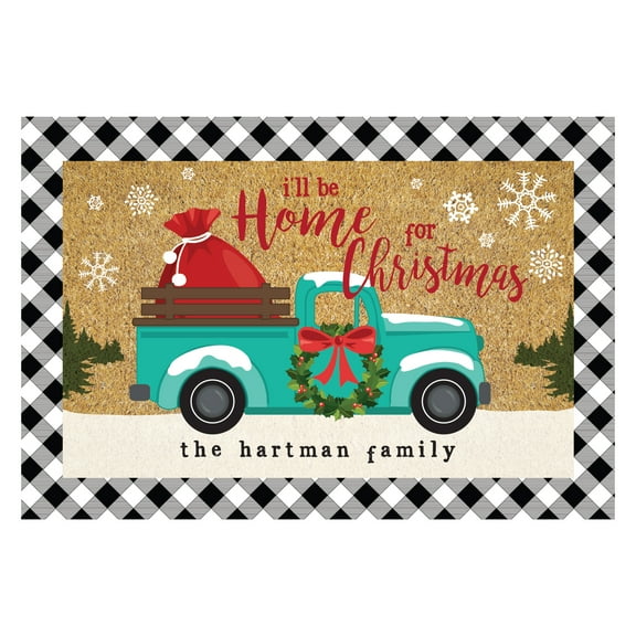 Personalized Planet 27x18 I'll Be Home For Christmas with Santa Sack in Vintage Pickup Truck Doormat with Custom Family Name Printed on Rectangular 1/8” Thick Non Slip Mat for Kitchen Deck or Porch