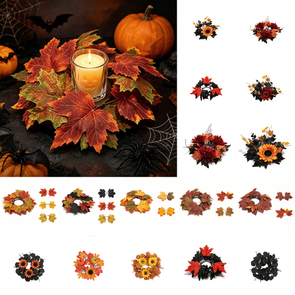 CuiLiyq Fall Maple Leaf Candle Ring Wreath, Artificial Autumn Foliage Table Centerpiece, Dining Table Candle Holder Ring, Thanksgiving Farmhouse Decor, Harvest Tabletop Accent Ornament