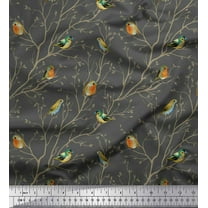 Soimoi Gray Cotton Duck Fabric Leaves & Flowerpecker Bird Print Sewing Fabric Yard 44 Inch Wide