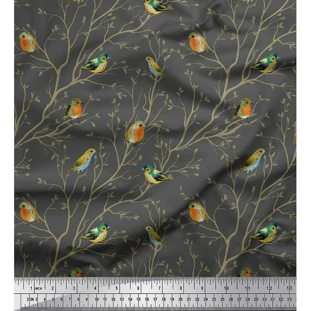 Soimoi Gray Rayon Fabric Leaves & Flowerpecker Bird Print Fabric by the Yard 58 Inch Wide