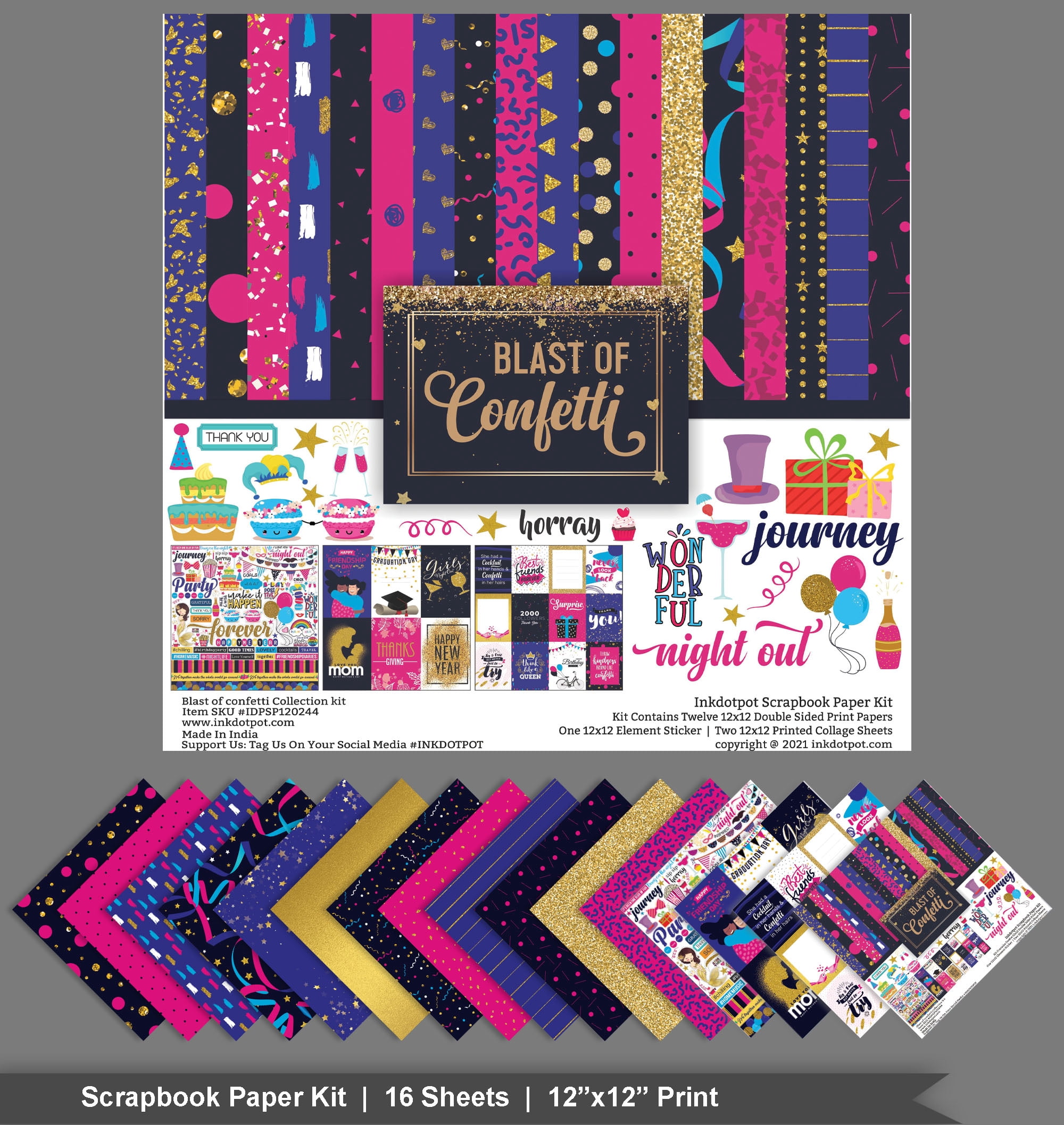 Inkdotpot Party Confetti Theme Collection Double-Sided Scrapbook Paper Kit Cardstock 12"x12" Card Making Paper Pack Of With Sticker Sheet - 16 Pages - Multicolor