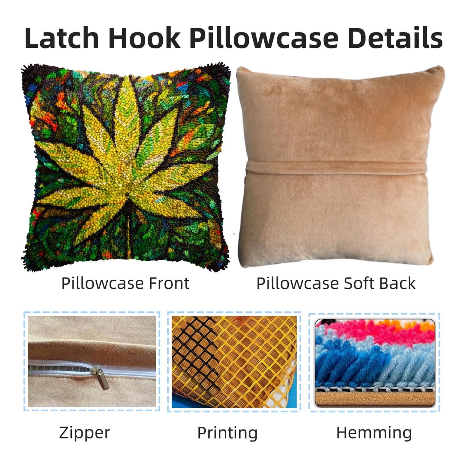 Stained Glass Marijuana Leaf DIY Latch Hook Pillow Kits for Adults Printed Pillowcase Crochet Yarns Hooking Handmade Pillow Cover Cushion for Home Sofa Decoration 17x17inch