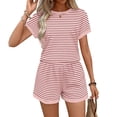 thumbnail image 2 of WAYUTE Shorts Sets Women 2 Piece Outfits Casual Loose Fit Striped Knit Short Sleeve T Shirts Top and Shorts Trendy Summer Outfit, 2 of 6