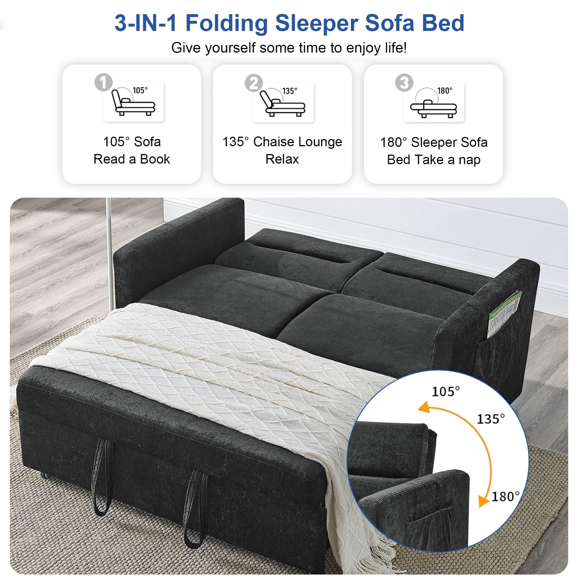 DEALTOPS Convertible Pull Out Sofa Bed, Adjustable Loveseat Sleeper with Side Pockets, Black