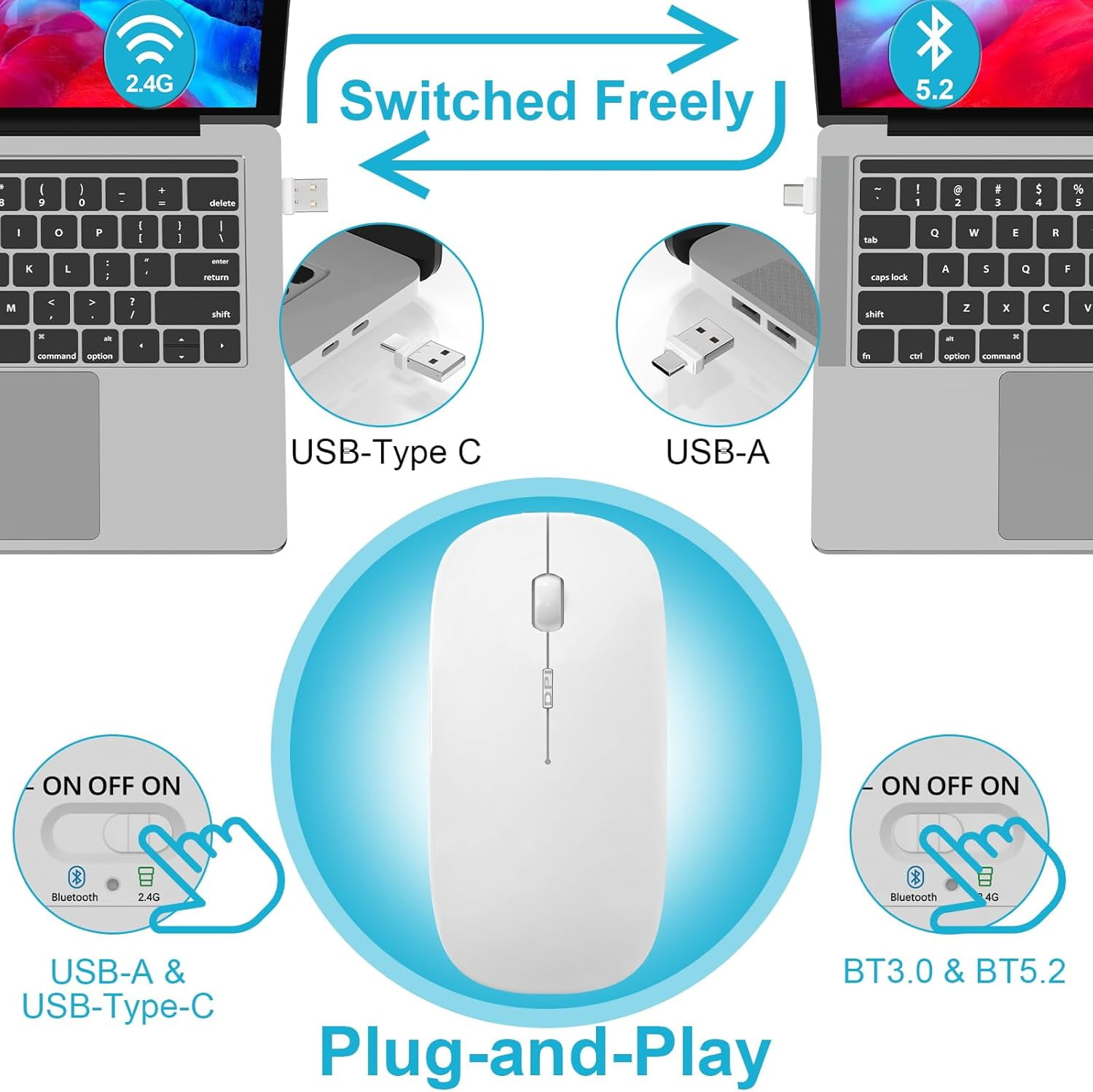Mouse for MacBook Wireless Bluetooth Laptop Air Mac Pro Rechargeable Silent PC iPad Optical with Dual Mode Switch 5.2/3.0 and 2.4GHz USB Type-C Receiver Rose Gold