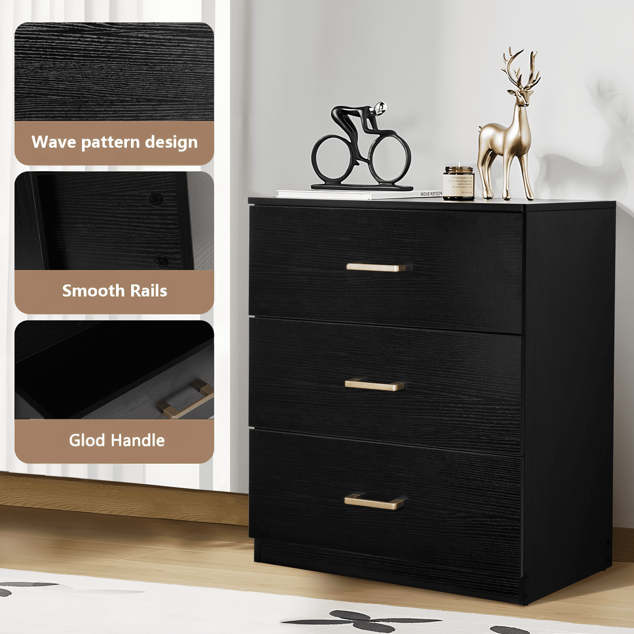 UHOMEPRO Nightstand, Modern 3 Drawer Nightstand, Black Nightstand with Gold Handle, Wooden Side Table Storage Cabinet Unit for Bedroom/Living Room/Small Space