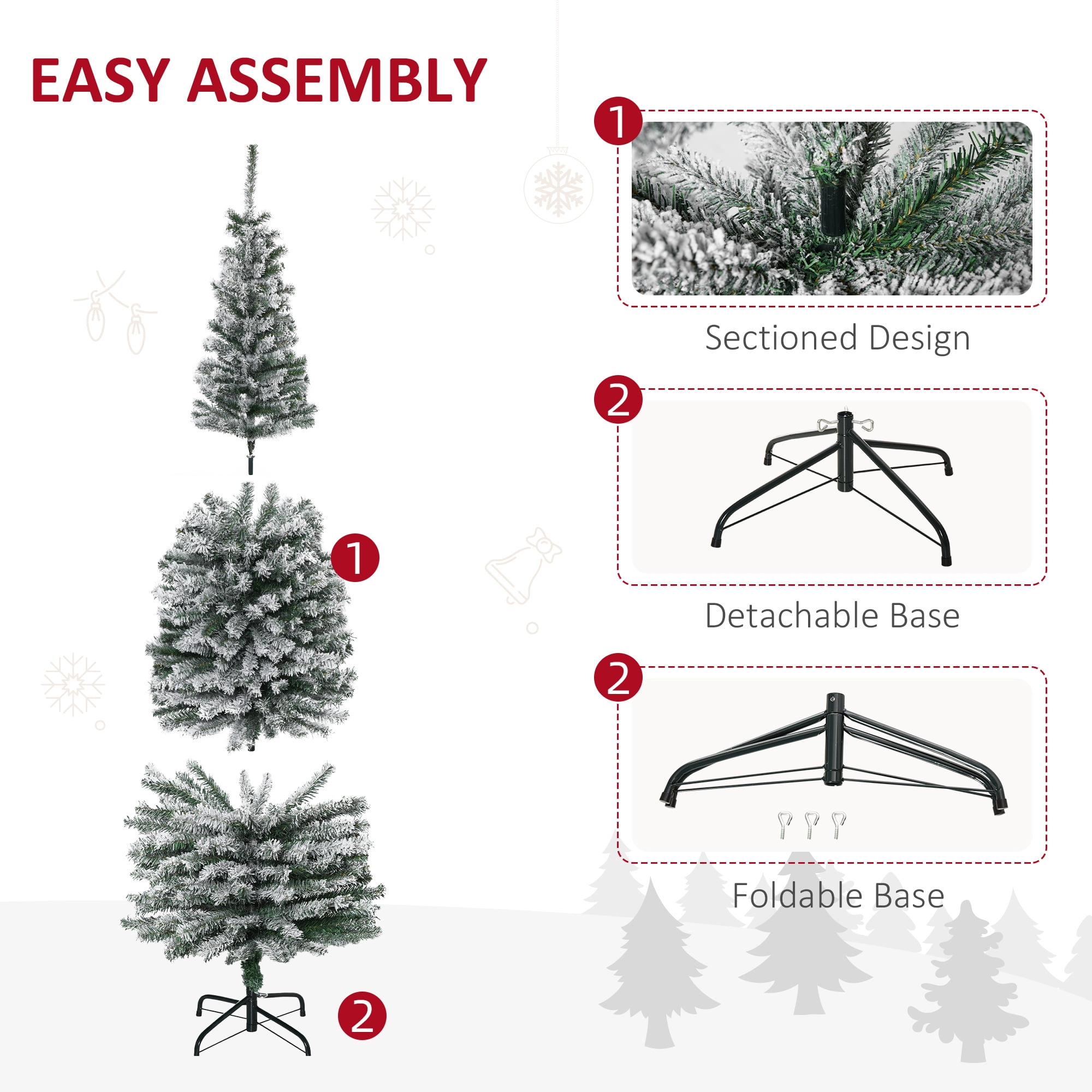 Alvantor Christmas Tree Flocked Pencil with Faux Snow, Foldable Metal Stand 23.5"x23.5"x72" 6ft Green
