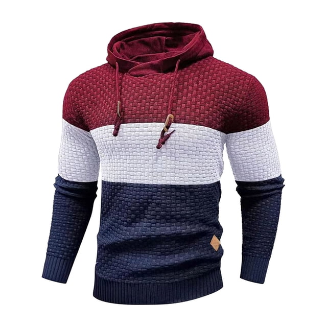 Xuniizn Sweaters for Men, Color Blocked Long Sleeve Pullover Hooded Knit Sweater with Drawstring, Winter Outdoor Stylish Comfortable Loose Warm Sweaters
