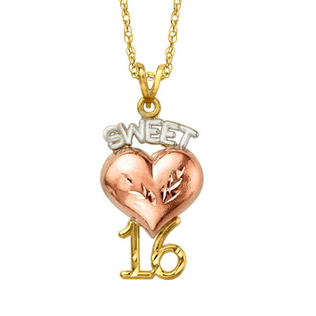Just Gold 'Sweet 16' Heart Pendant Necklace in 10kt Three-Tone Gold