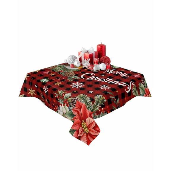 Square Tablecloth 60 x 60 Inches Christmas Poinsettia Bird Red Plaid Waterproof & Stain Resistance Table Cloth Decorative Fabric Table Cover for Dinning/Party/Buffet/Banquet