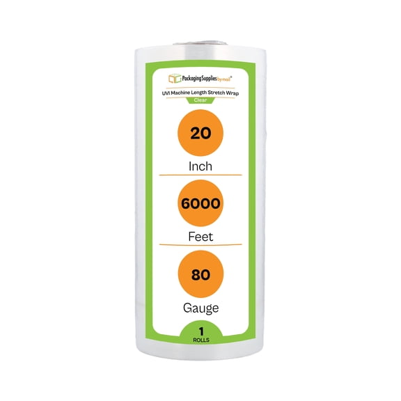 PSBM UV Protection Clear Cast Machine Stretch Wrap 20" x 6000' 1 Roll 80 Gauge Shrink Film for Packing Moving