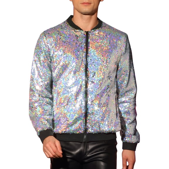 INSPIRE CHIC Sequin Jacket for Men's Zip Up Long Sleeves Party Disco Sparkly Bomber Jacket M Silver