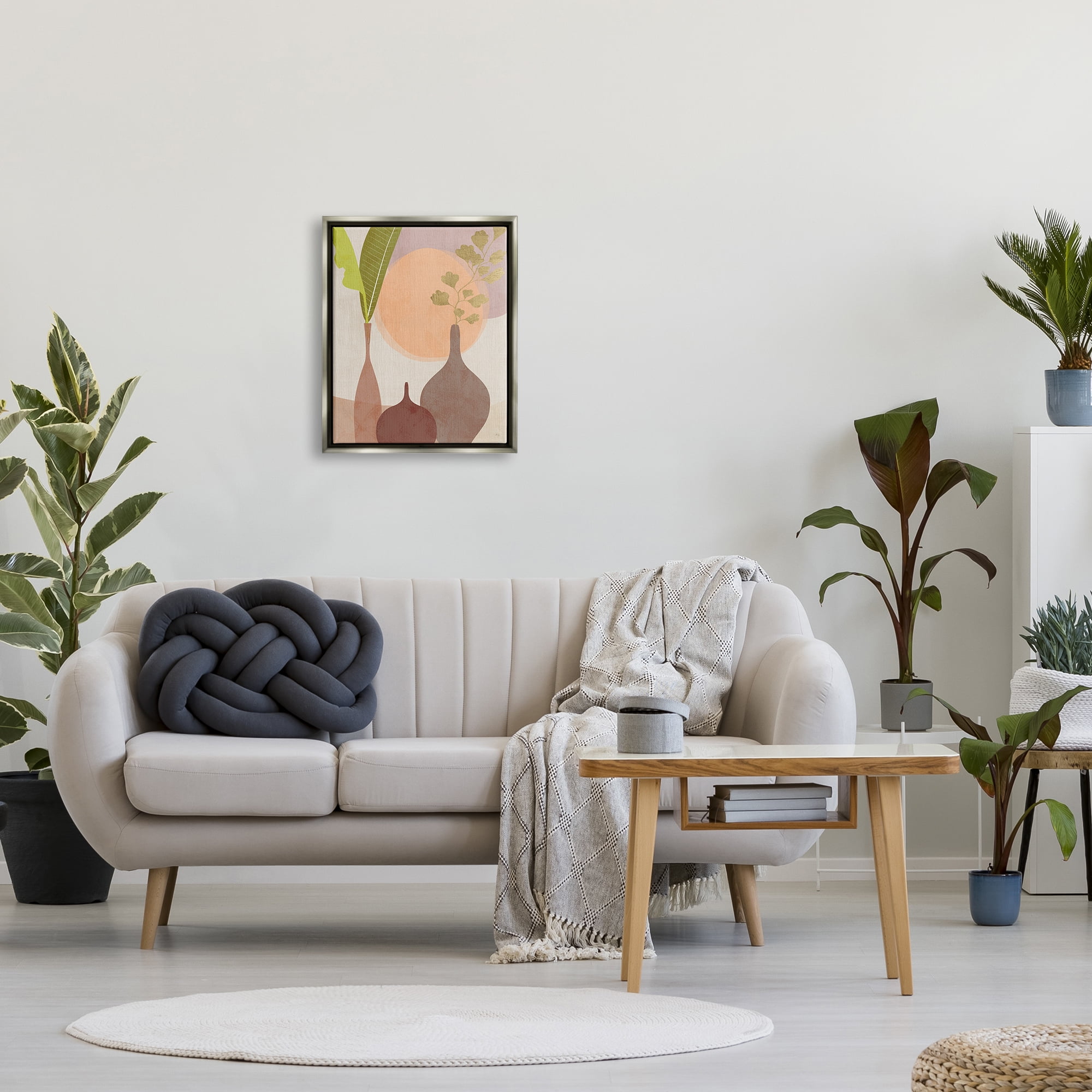 Stupell Industries Neutral Plants in Vases Botanical & Floral Painting Gray Floater Framed Canvas Art Print Wall Art, 17 x 21