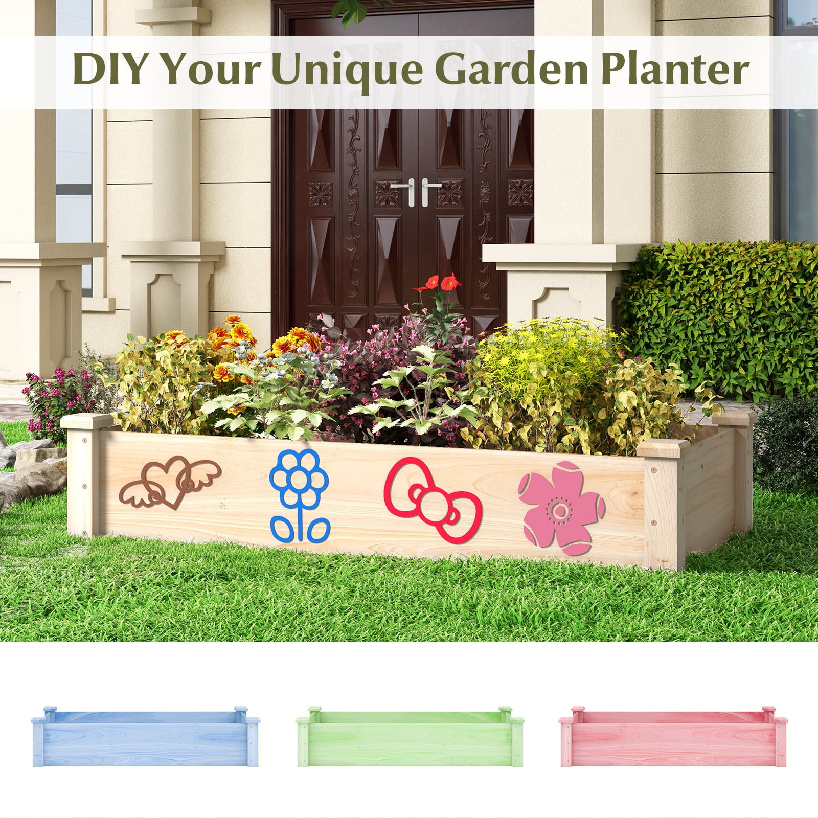 Topbuy Wooden Raised Garden Bed Rectangular Planter Box for Vegetables Fruits Flowers Herbs Outdoor Elevated Planting Bed for Garden