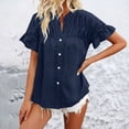 thumbnail image 4 of Timegard Tops for Women Ruched Ruffle Short Sleeve Stand Collar Shirts Casual Loose Button up Blouse, 4 of 5