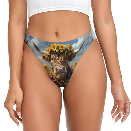 Thongs for Women - Cute Cow Sunflower Crown A No Show Seamless Womens Thongs Underwear  Stretch G String Thongs for Women  Ladies Breathable Kawaii Thong Bikini Panties Briefs