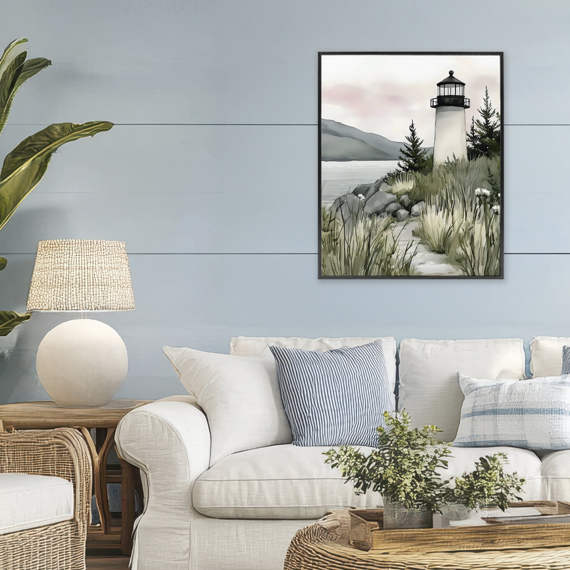 Stupell Industries Coastal Calm Lighthouse Black Framed Giclee Art, design by Riley B