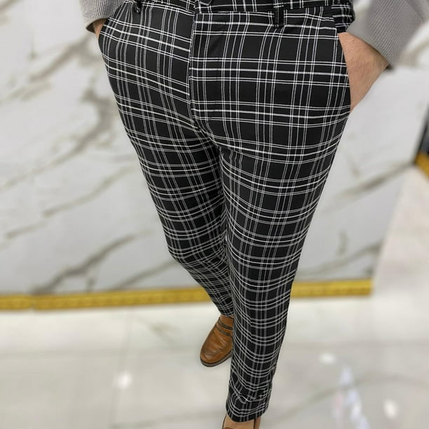 Long Pants For Men Men Casual Trendy Button Zipper Closure Plaid Casual Pencil Pants Trousers Black S JE