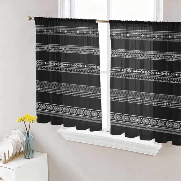 Black White Geometric Semi Sheer Curtains 45 Inch Length 2 Panels Set, Modern Striped Plaid Abstract Art Sheer Kitchen Curtain Privacy Voile Window Curtain for Living Room Bedroom Rod Pocket Drapes