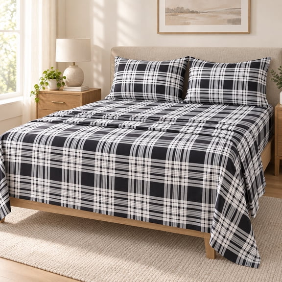 Jessy Home Full/Queen 4-Piece Plaid Bed Sheet Set, Soft Microfiber, 14-Inch Deep Pocket, Flat & Fitted Sheet with 2 Pillowcases, Black White