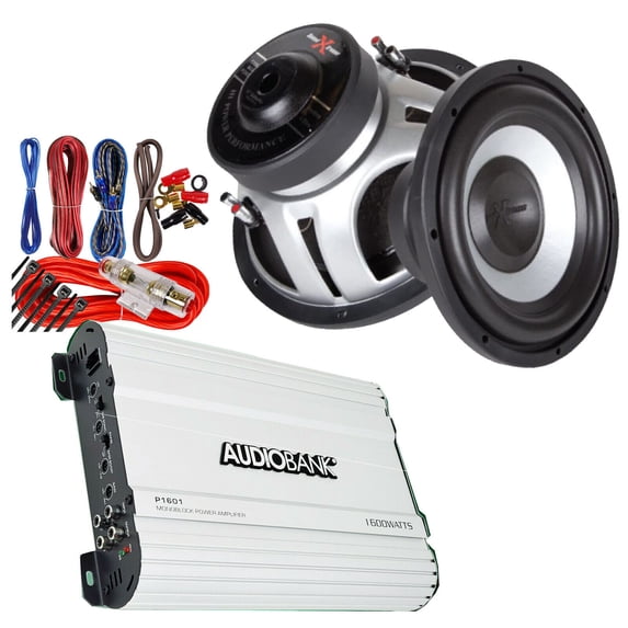 Audiobank P1601 1600W Amplifier + 1x Soundxtreme ST-1252 1300W Sub + AMP Kit Bundle