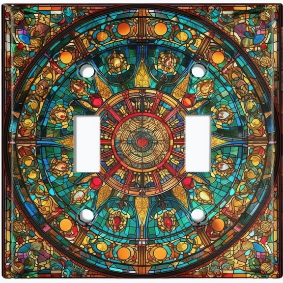 Metal Light Switch Wall Plate Outlet Cover (Printed Image of Stained Glass Mandala - Double Toggle)