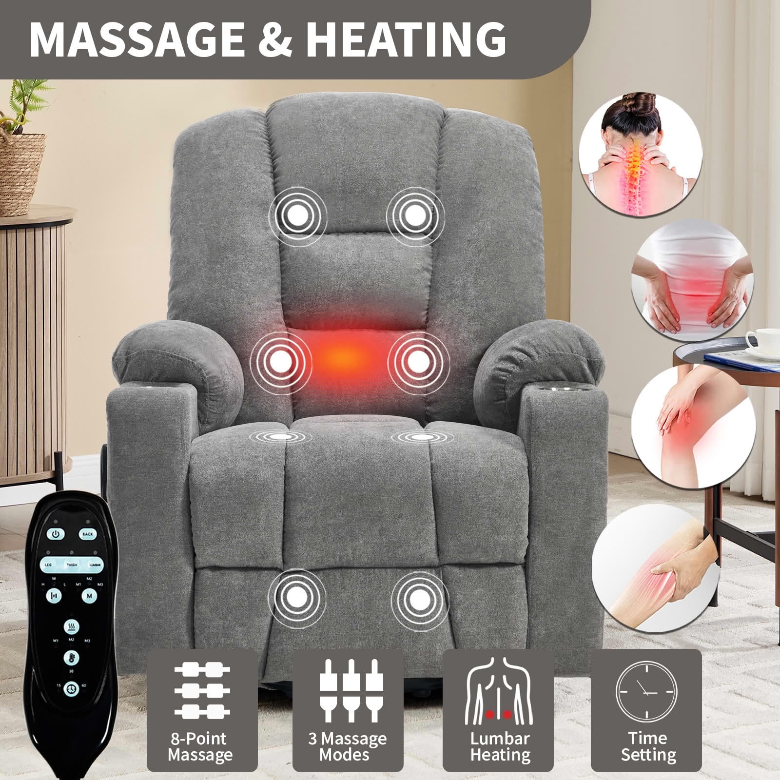 MAYEERTY Light Gray Chenille 350lbs Power Lift Recliner, Massage Heat USB-C 34"x39"x42" Wide Overstuffed for Elderly