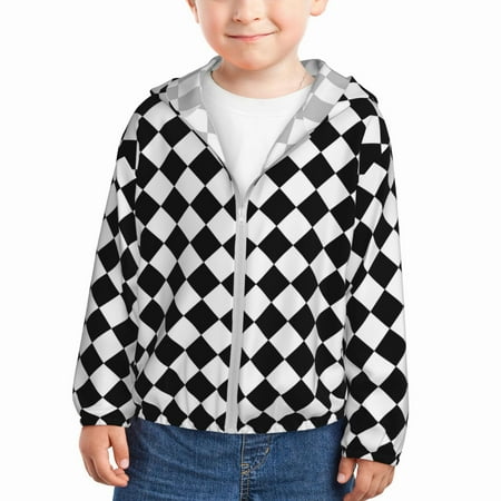 

Sun Hoodie for Kids Square Black White Plaid Long Sleeve Swim Fishing Shirts Sun Protection Zip Up Jacket Clothing Athletic Hoodie