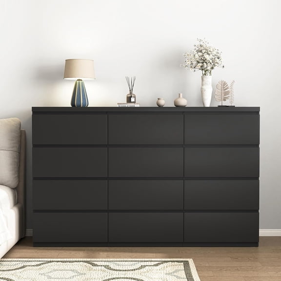 63 Inch 12 Drawer Dresser for Bedroom,Modern Wood Dresser Chest of Drawers with Large Storage Space for Bedroom, Sturdy Organizer for Closet, Living Room, Hallway,Black,63"x15.7"x38.5"
