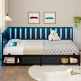 thumbnail image 3 of Twin Corner Bed Frame with Storage and Led Lights Metal Platform Bed Frame Twin Size with Storage Drawers & Charging Station Twin Size Daybed for Living Room,Bedroom,Guest Room,Wood Guardrail,Black, 3 of 9