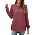 thumbnail image 4 of DDAPJ pyju Womens Ribbed Knit Sweaters Long Sleeve Crewneck Shirts Loose Fit Curved Hem Tunic Tops, 4 of 9