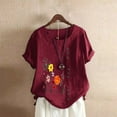 thumbnail image 2 of T Shirts for Women Cotton And Linen Loose Fit Casual Floral Print Short Sleeve Button Up Top Blouse T-Shirt Tops Wine Red XL, 2 of 4