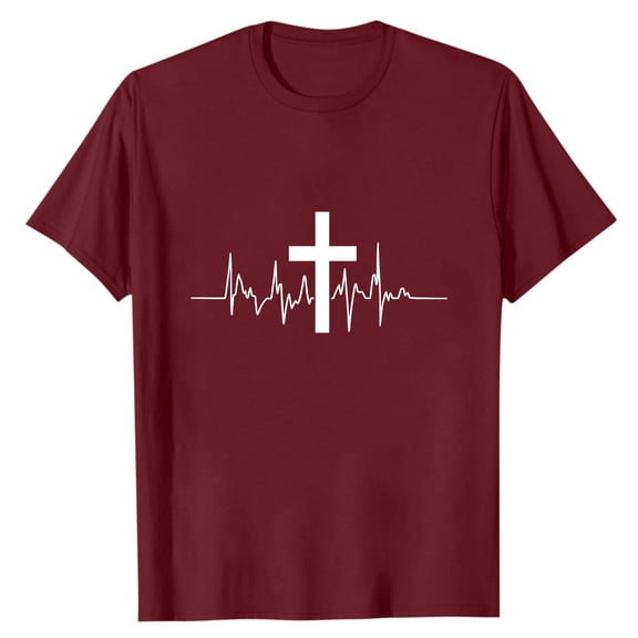 QQAMB T-Shirts for Men Crewneck Cross Graphic Cotton Tee Loose Drop Shoulder Lightweight Casual T-Shirts Wine 2XL