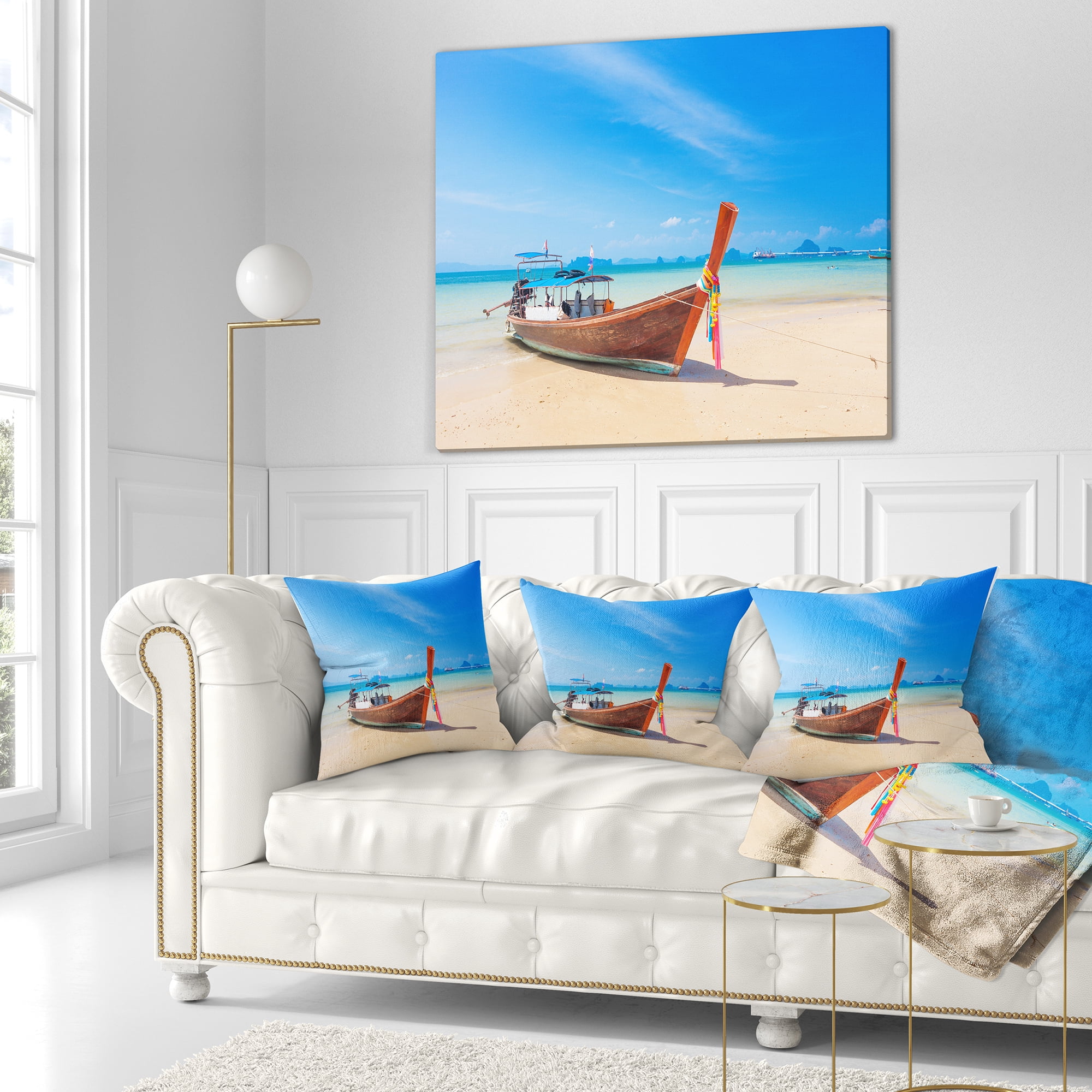 Designart Tropical Beach with Boat - Seashore Photo Throw Pillow - 16x16