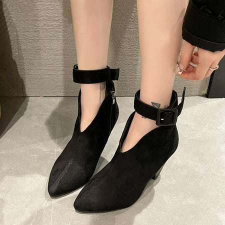 

VONCOS Women s Fashion High Heel Shoes Women s Fashion Flock Pointed Toe Booties Metal Buckle 8CM High Heels Shoes