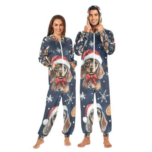Christmas Dogs and Snowflakes Adult Onesie Pajamas Slim Fit Christmas One Piece Suit Pjs for Women and Men Hooded Zipper