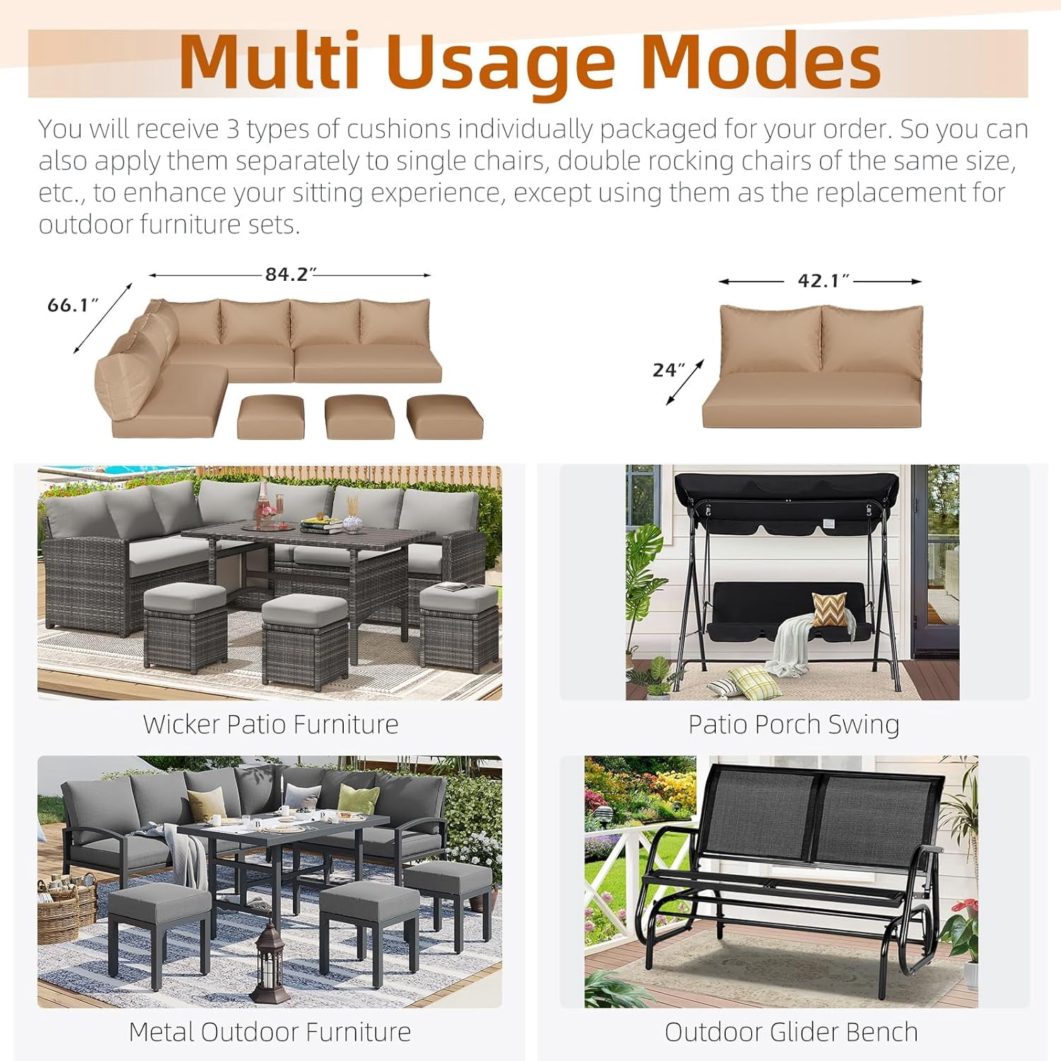 AECOJOY Outdoor Patio Furniture Cushions, 4-Inch Memory Foam Replacement Cushions for 7-Seat Sectional Wicker Conversation Set, Beige