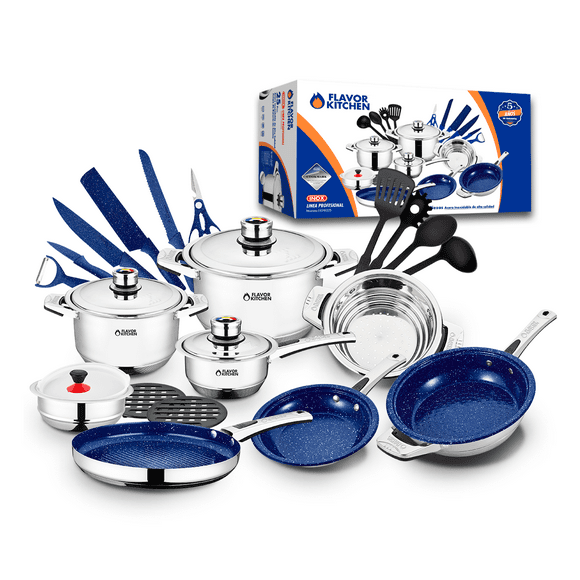 Flavor Kitchen Batería de Cocina 25 Piezas | Juego de Sartenes Antiadherentes y Ollas de Acero Inoxidable Quirúrgico | Compatible con Inducción | Libre de PFOA y PTFE | Set de Cocina Profesional