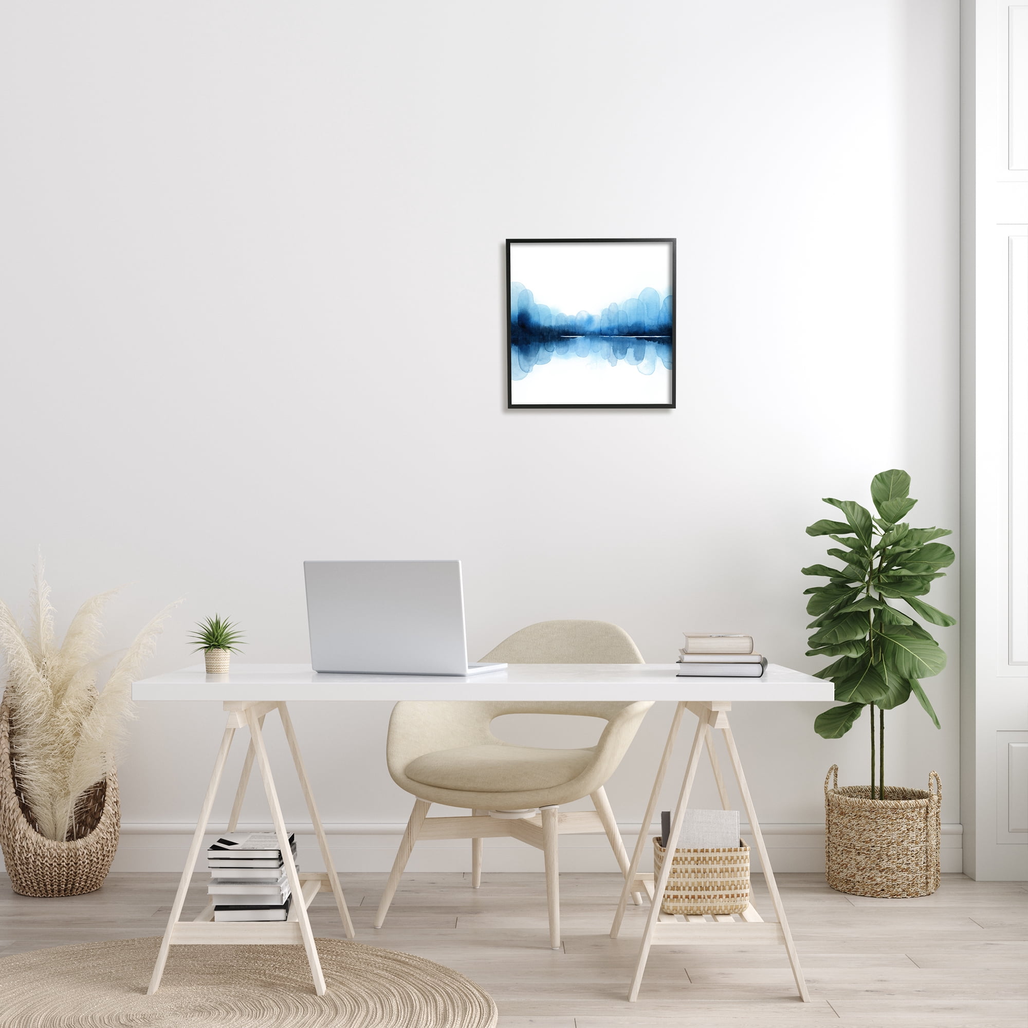 Blue Arch Asymmetrical Reflection Abstract Shapes over White Abstract Framed Art Print Wall Art, 17x17