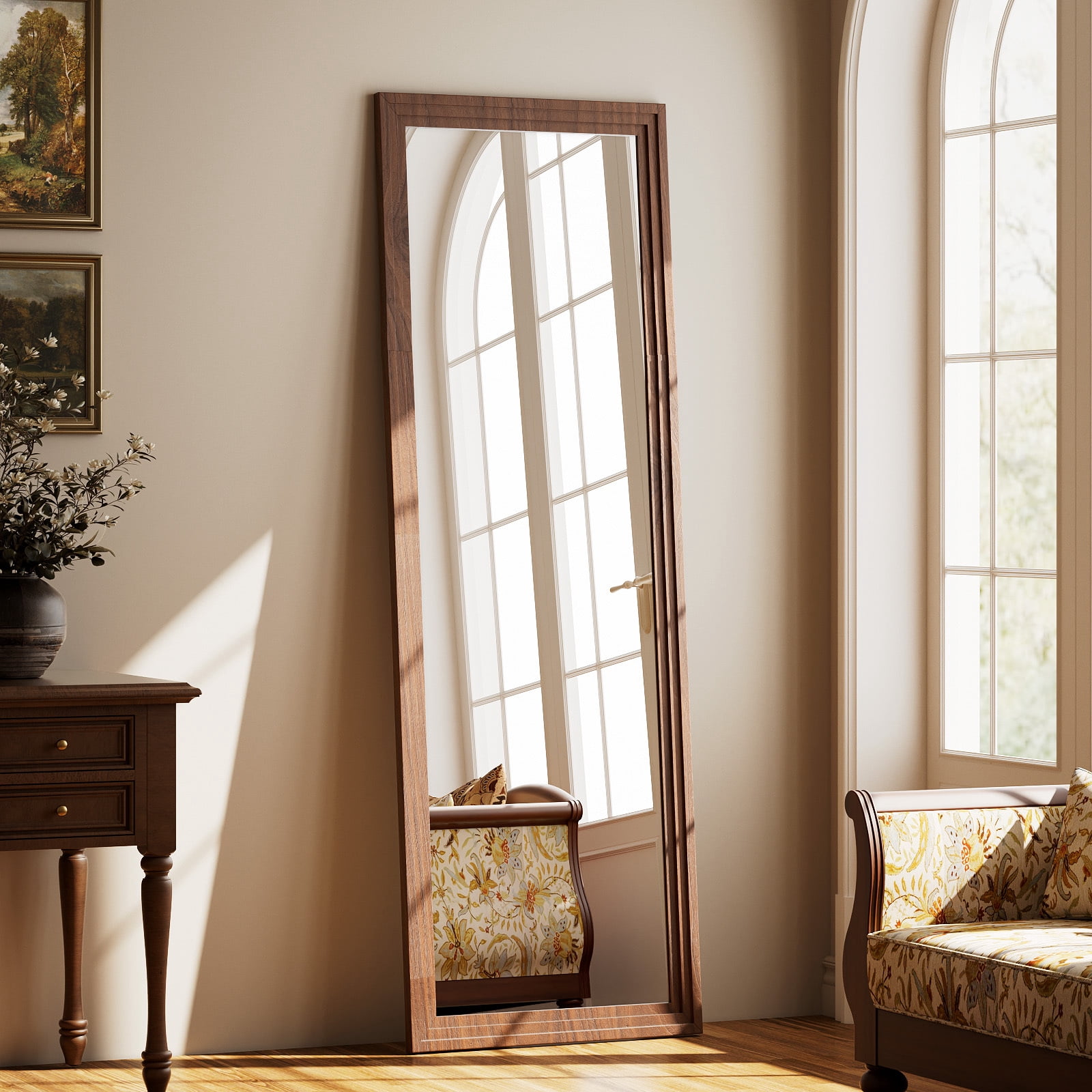 Easy4Home 65"x22" Wooden Full Length Mirror Rectangle Floor Mirror Wall Mounted, Brown
