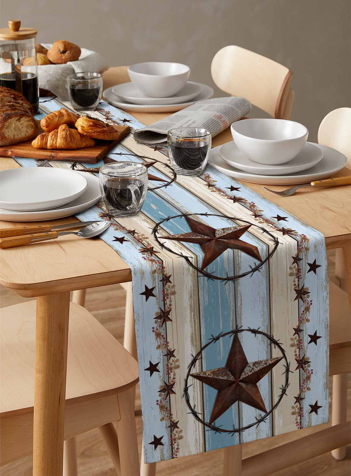 Country Star Blue Table Runner 70 Inches, Farmhouse Western Texas Star Barn Bed Runner Dresser Scarves Tabletop for Indoor Outdoor Parties/Ceremony/Banquet, 13" x 70"