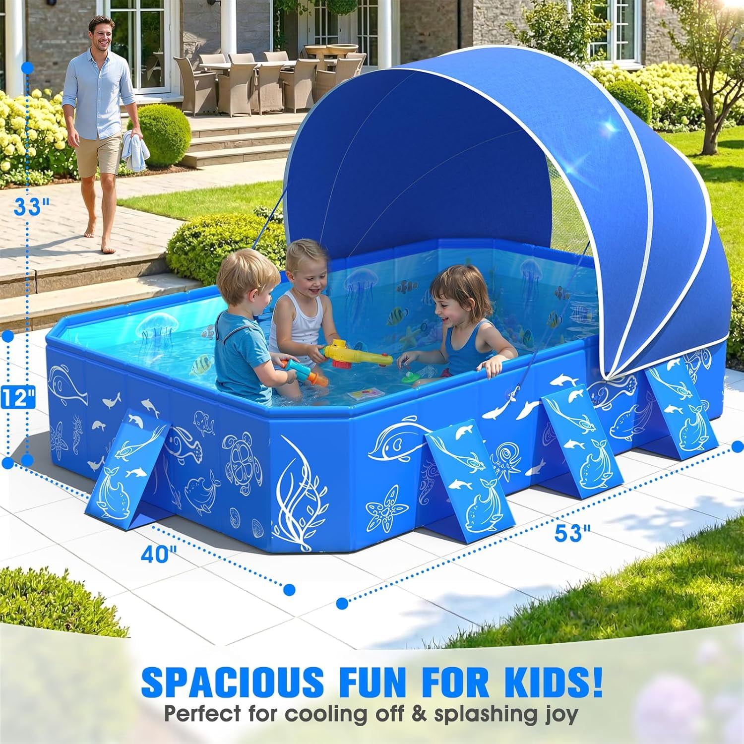 2026 Kiddie Pool with Canopy,Baby Swimming Pool for Toddler,Non-Inflatable Portable Pool for Kids,Foldable Toddler Pool with Shade,Kiddie Pool for Backyard,Pop Up Baby Beach Pool 53''×40×33''