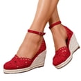 thumbnail image 6 of IWRICH Espadrilles Wedges Sandals for Women Wedge Platform Sandals Closed Toe Ankle Strap Buckle Casual Summer Wedge Heels Red 7, 6 of 9
