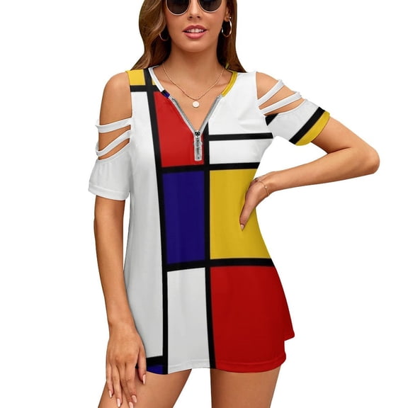 2024 Mondrian Shape Women'S T-Shirt New Fashion Printed Zipper V-Neck Short Sleeve T Shirts Casual Plus Size Mondrian Shape Mondrian