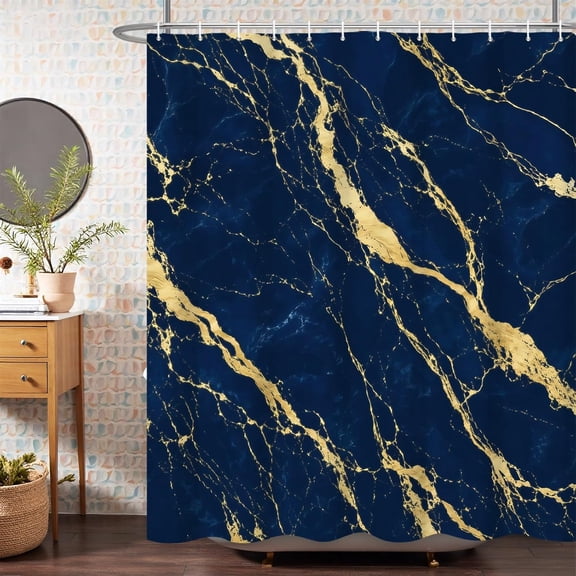 Dark Blue Gold Marble Texture Shower Curtain 71x71 inches