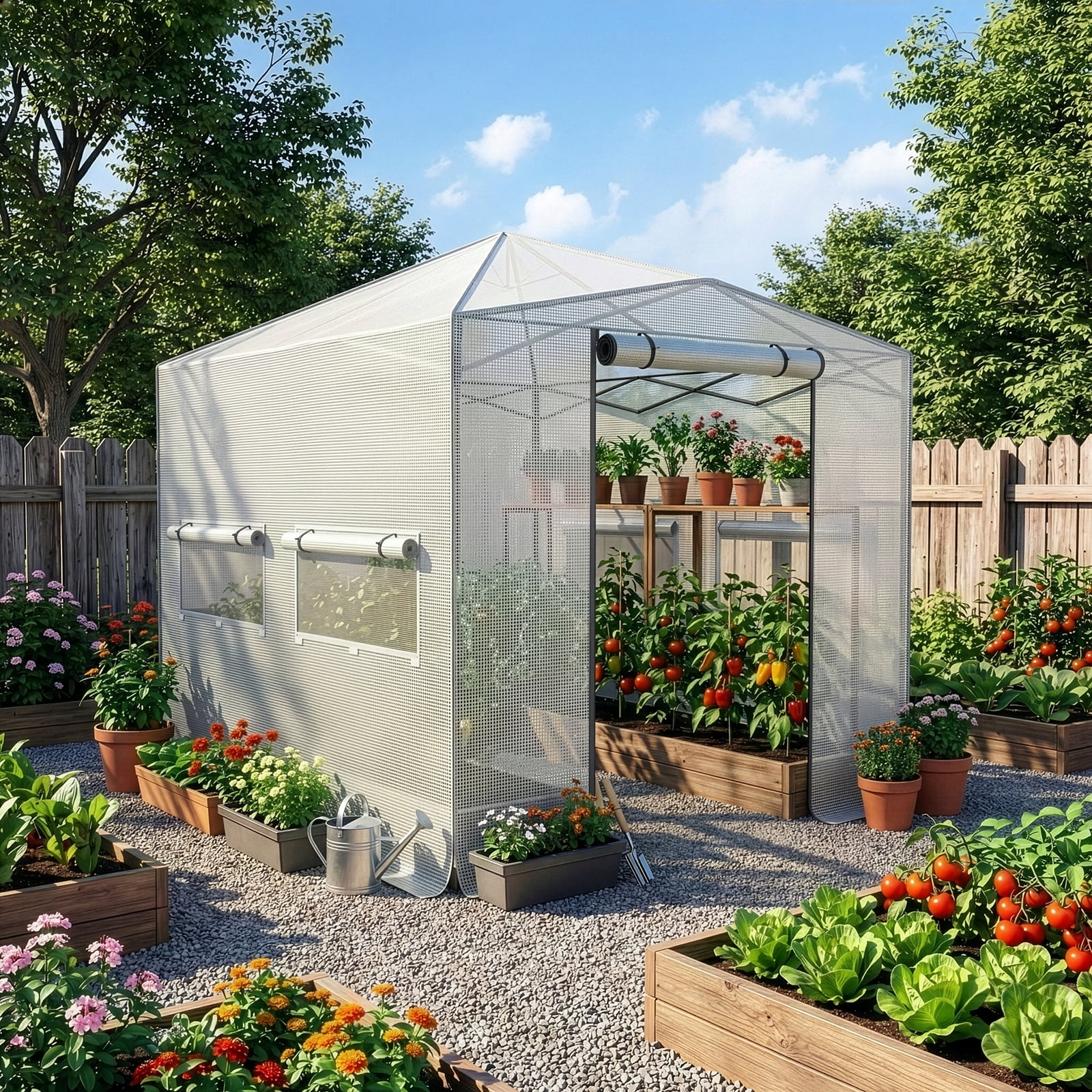 Foldable Greenhouse Shed, 8*12ft Plastic Sprayed Iron Pipe PE Mesh, White